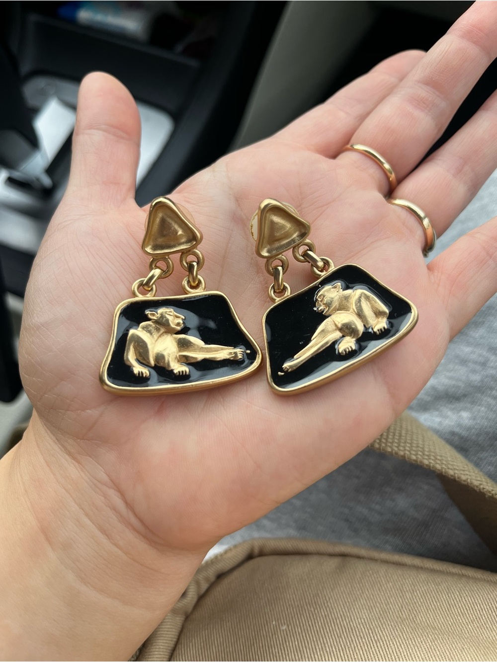Vintage 80s Jackie Collins gold tone and black enamel panther drop earrings